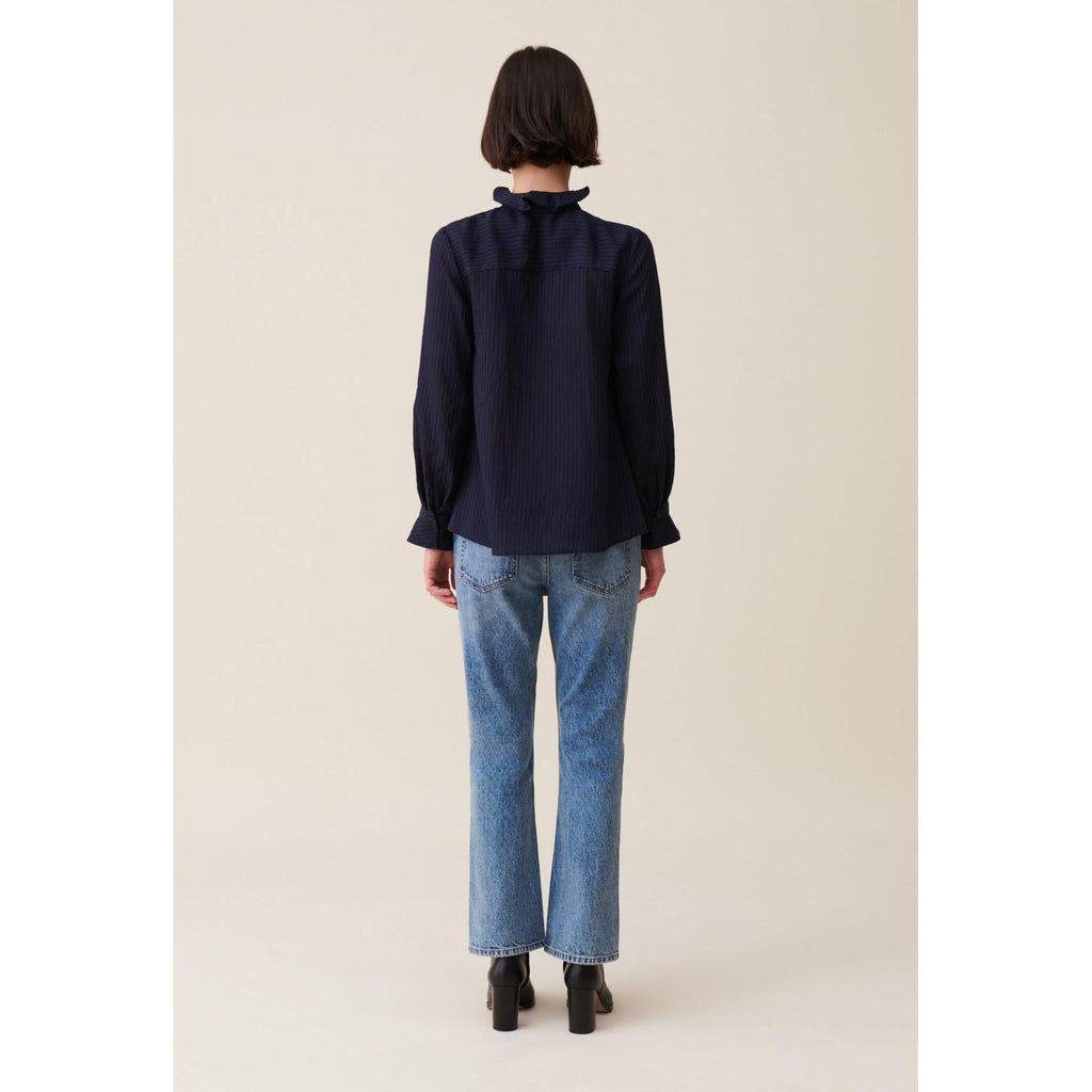 Claudie Pierlot - Dark Blue Ruffled Striped Blouse
