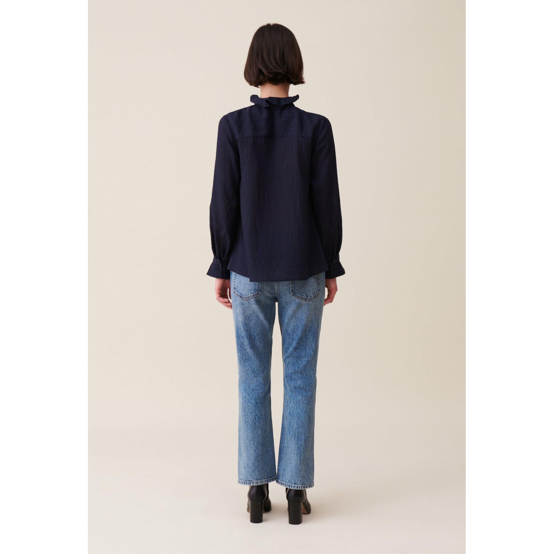 Claudie Pierlot - Dark Blue Ruffled Striped Blouse