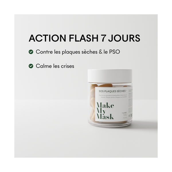 Le Complément SOS Plaques Sèches de MakeMyMask a une action flash 7 jours sur le psoriasis et les plaques sèches