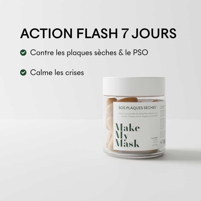 Le Complément SOS Plaques Sèches de MakeMyMask a une action flash 7 jours sur le psoriasis et les plaques sèches