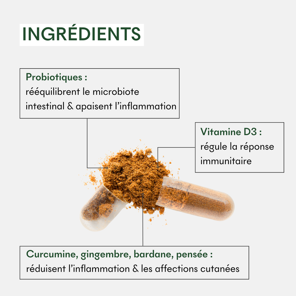 MakeMyMask's SOS Dry Patches Supplement contains probiotics, vitamin D3, turmeric, ginger, burdock and pansy to fight psoriasis and dry patches