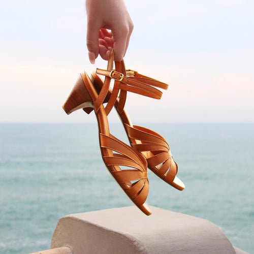 Sandales Moyen Talon Brides Cuir Camel - Femme