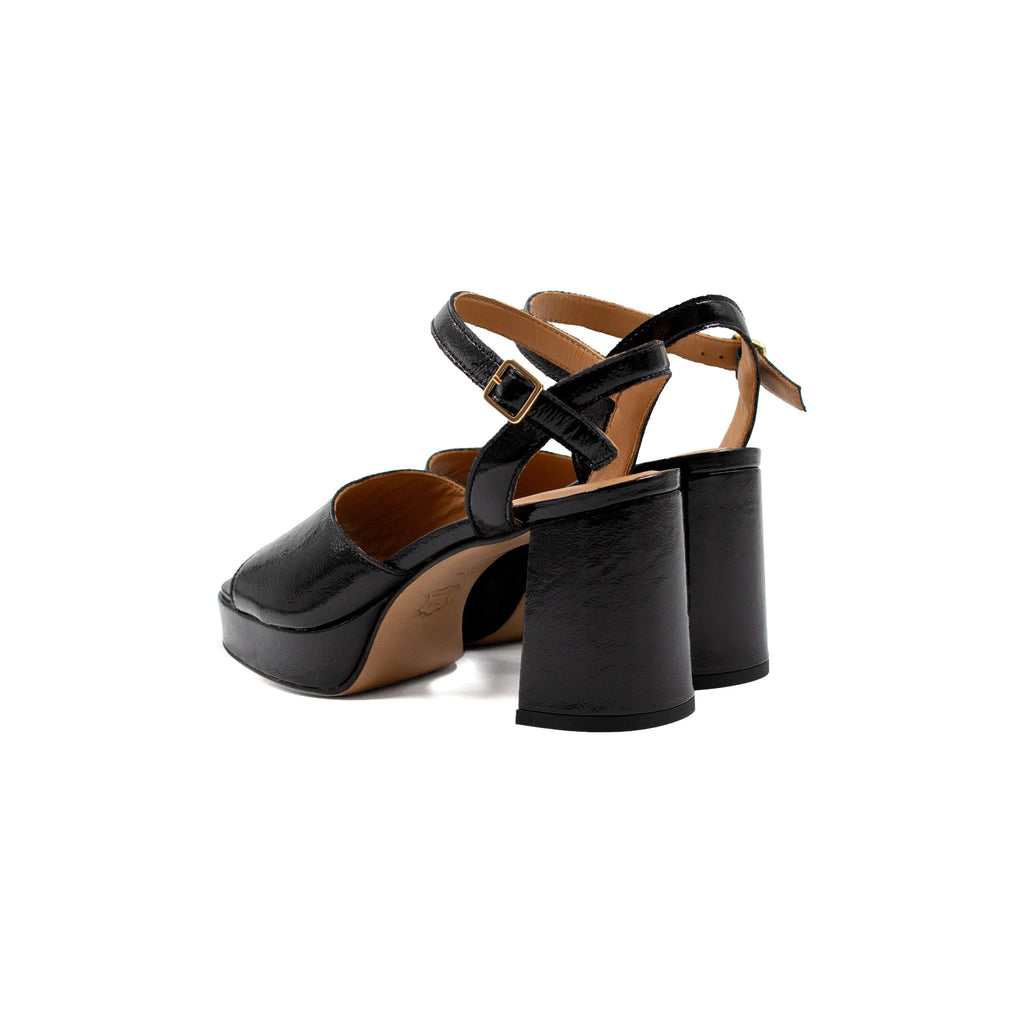 Sandales Plateforme Cuir Vernis Noir - Femme