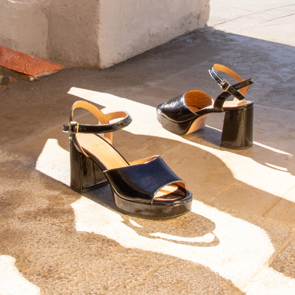 Sandales Plateforme Cuir Vernis Noir - Femme