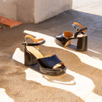 Sandales Plateforme Cuir Vernis Noir - Femme