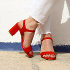 Sandales À Talon Cuir Daim Rouge - Femme