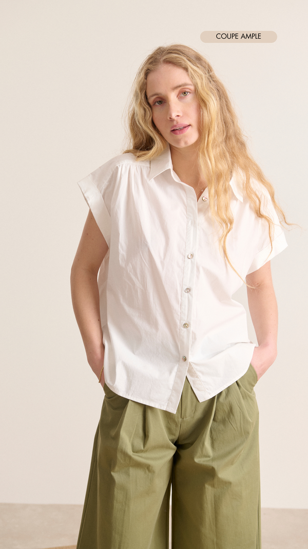 White sleeveless poplin shirt with cutouts and delicate gathers women's clothing Garance Paris