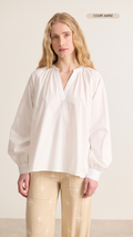 Blouse légère avec encolure V et fronces et manches longues avec boutons nacrés top élégant et confortable féminin