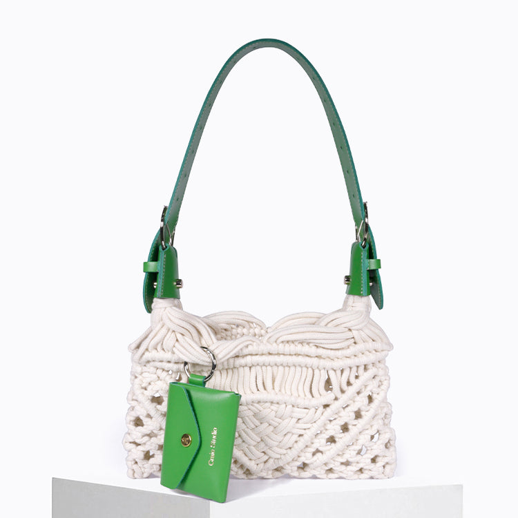 Sac Cream Macramé Vert & Naturel