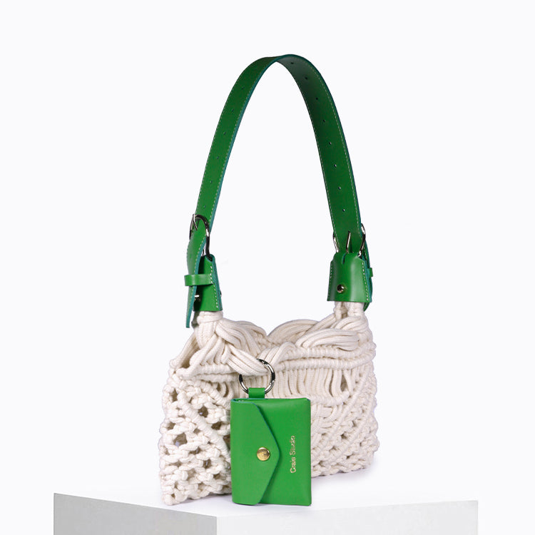 Sac Cream Macramé Vert & Naturel