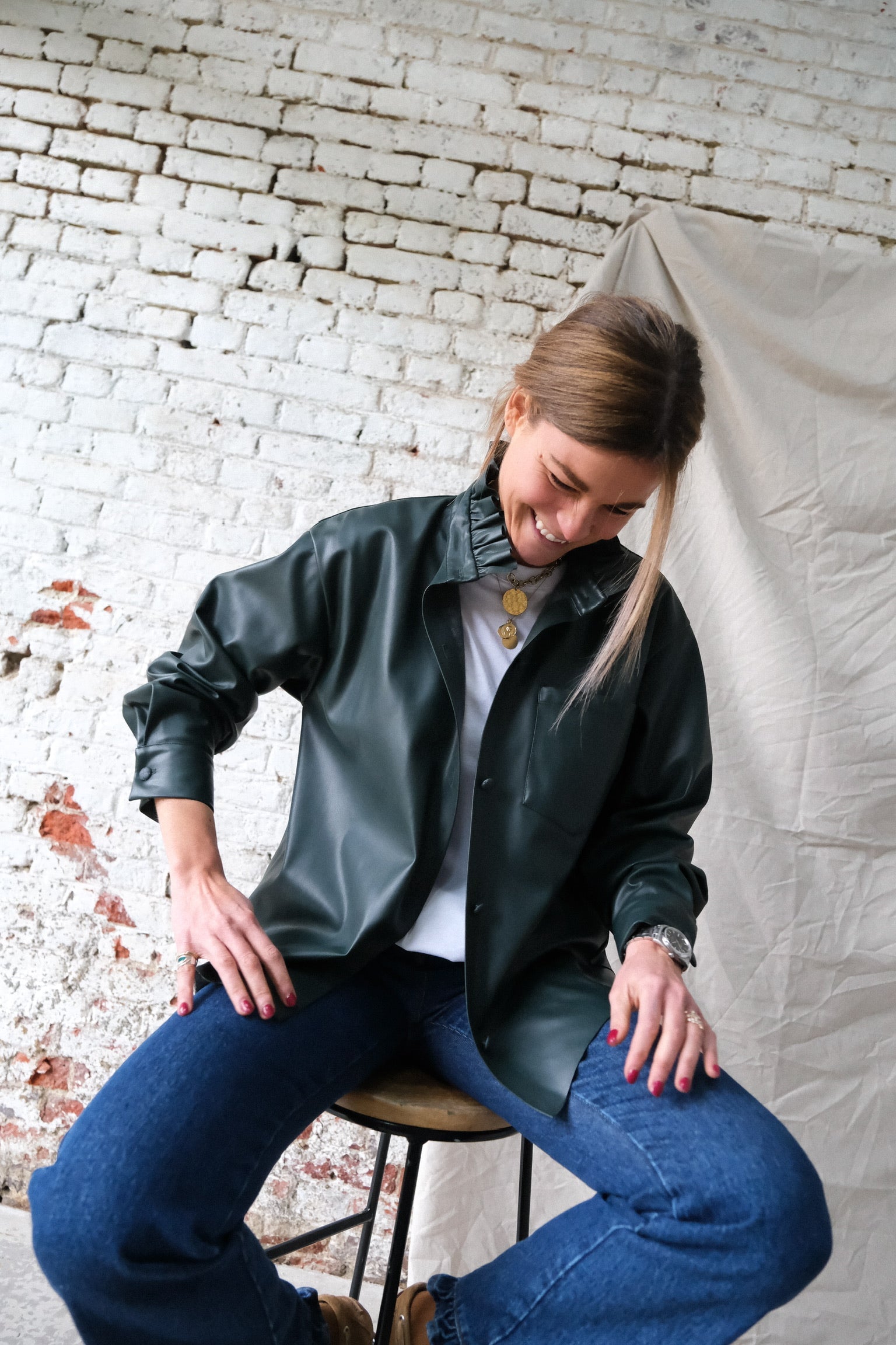 Lou Faux Leather Overshirt Dark Green