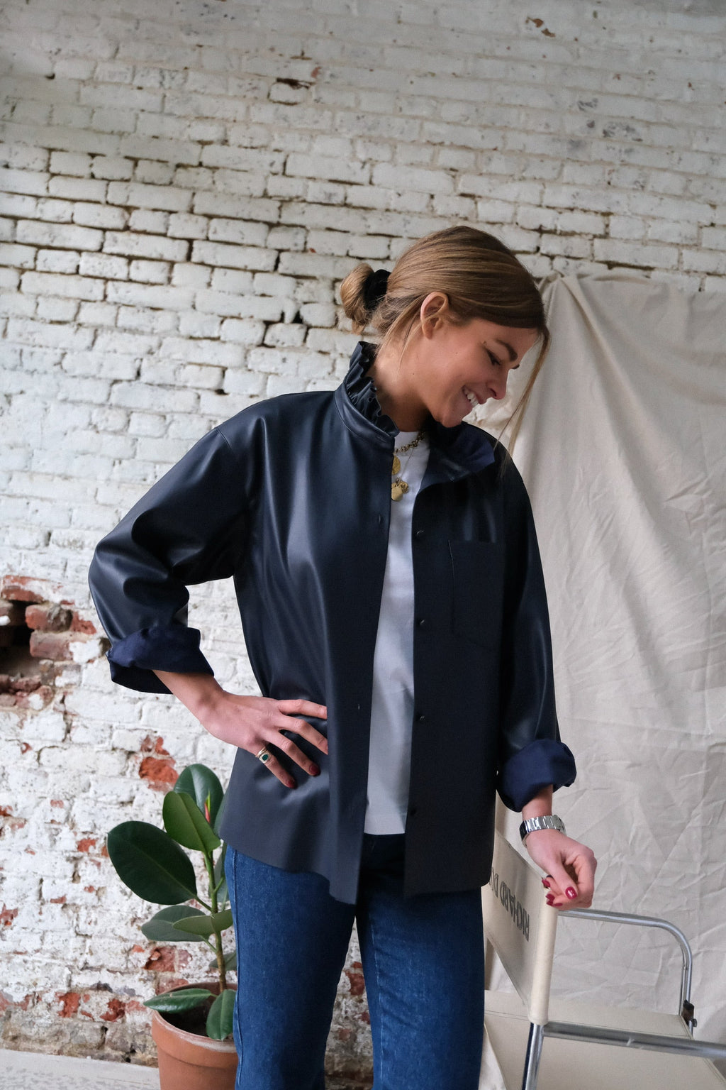 Lou Faux Leather Overshirt Navy