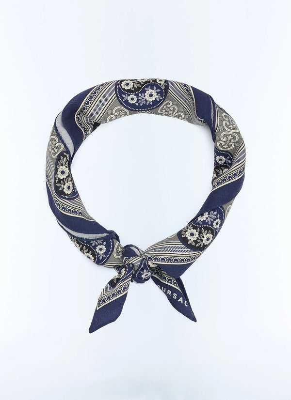 Wool and Silk Yin Yang Square Scarf - Navy