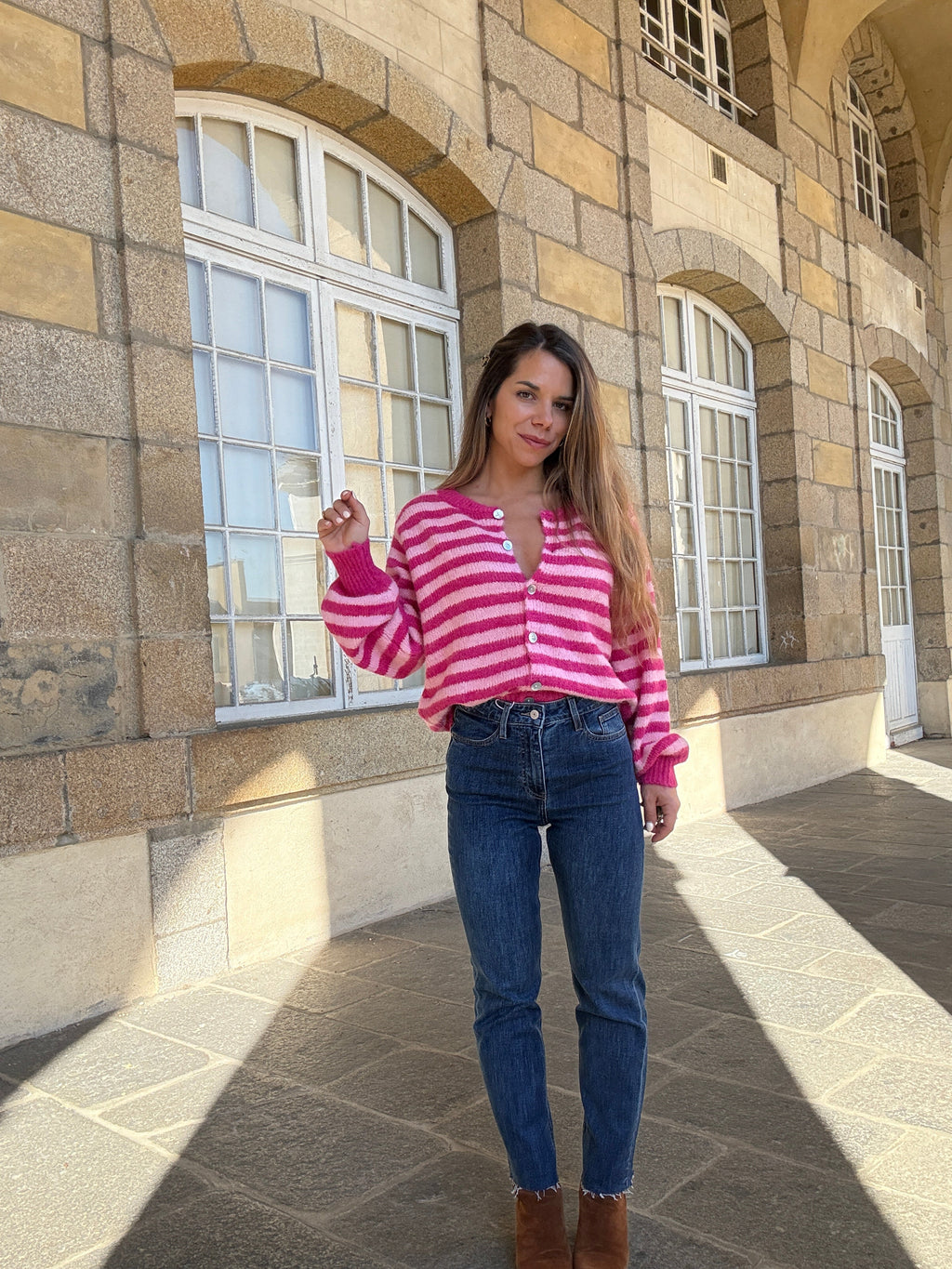 Cardigan Solela Rayé Rose Et Rouge