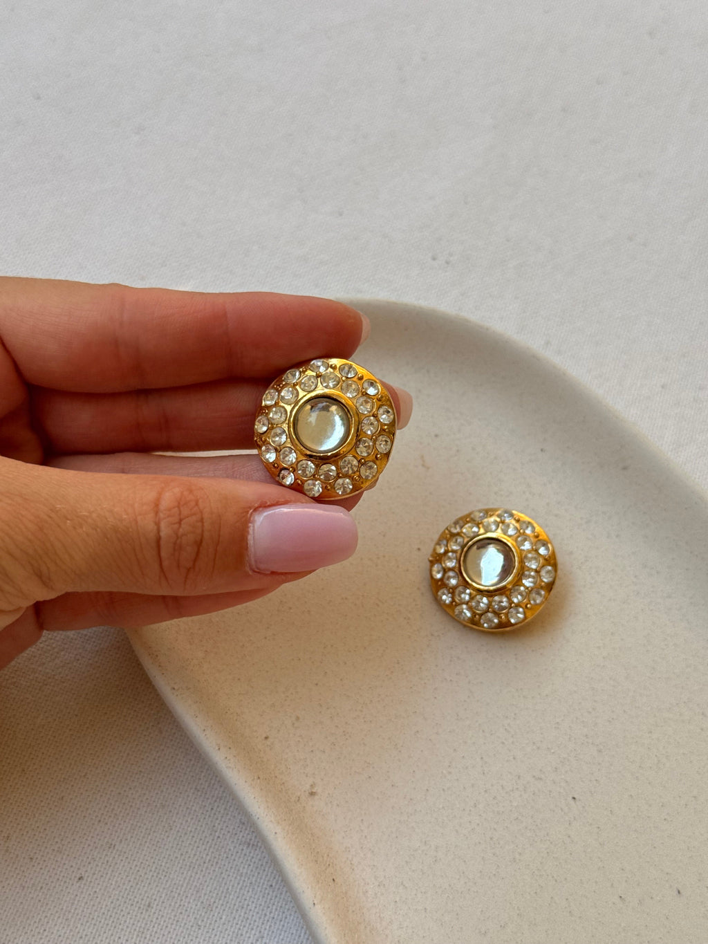 Vintage Earrings - Round Gold Earrings Adorned with Rhinestones