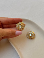 Vintage Earrings - Round Gold Earrings Adorned with Rhinestones