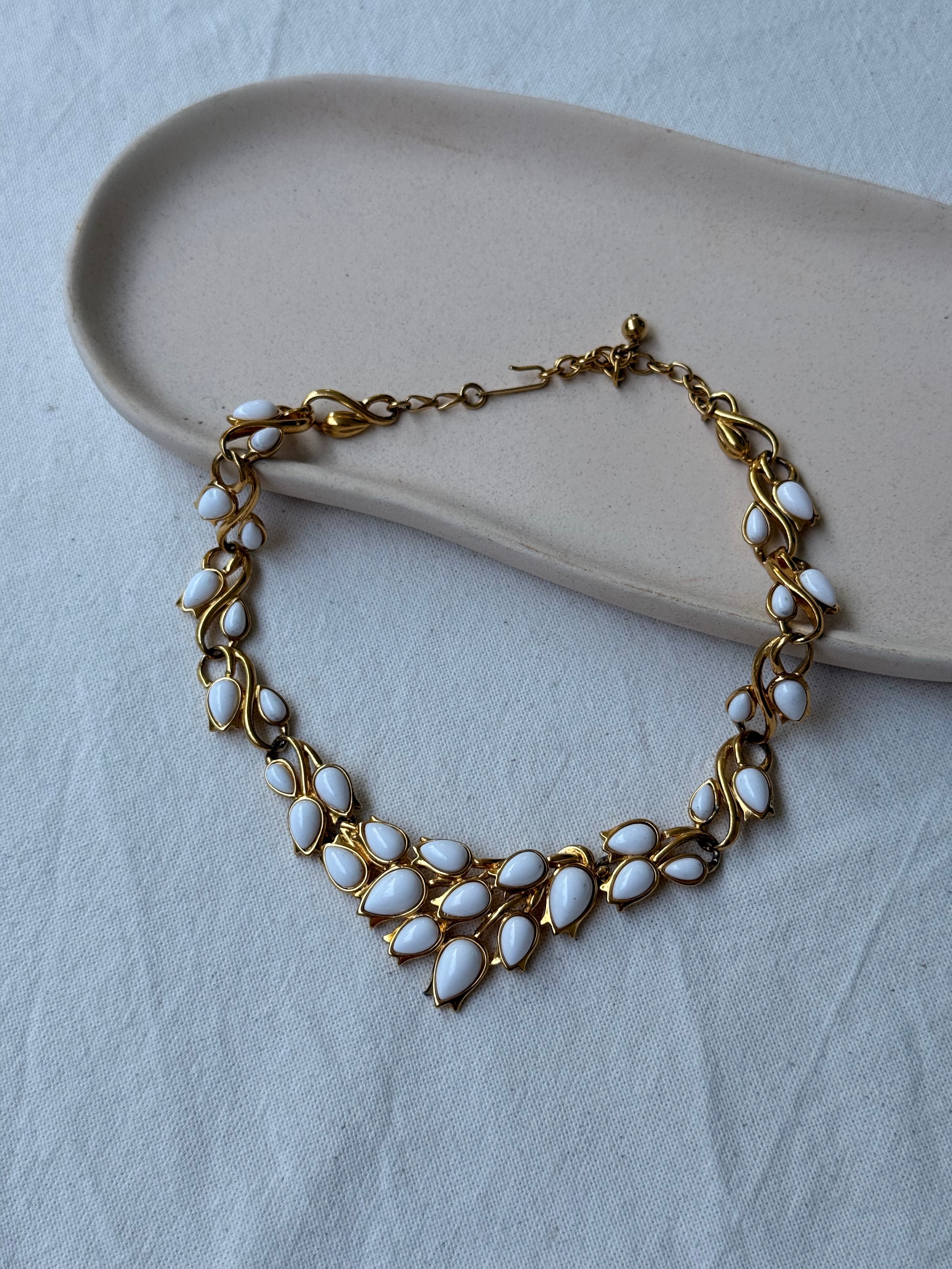 Vintage Trifari Necklace - Foliage White Cabochons