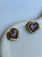 Vintage Earrings - Domed Heart Amber Resin Cabochons