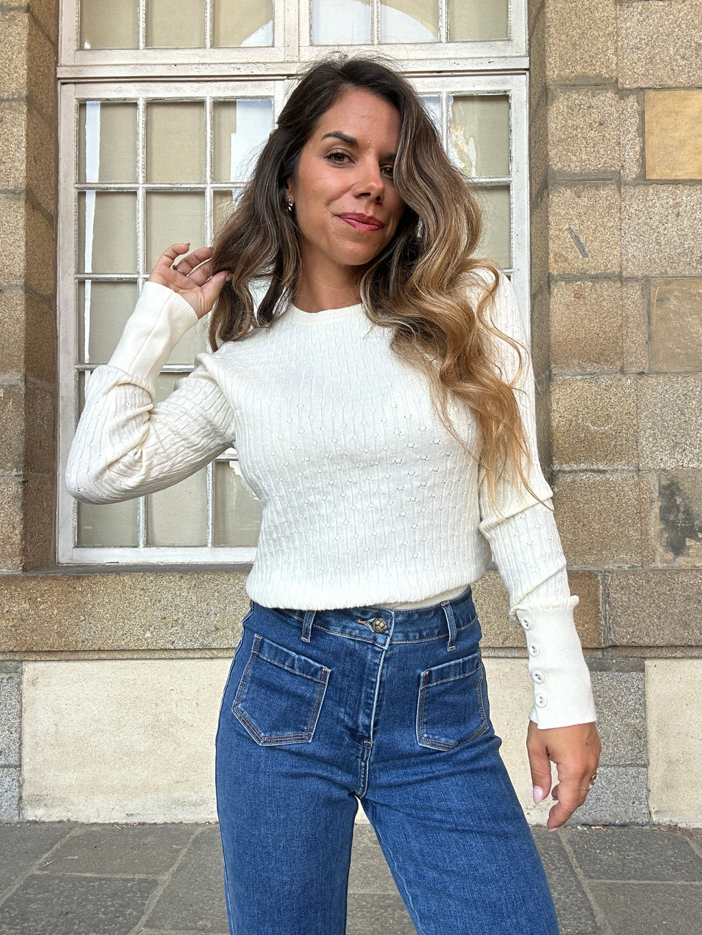 Diane fine-knit ecru jumper