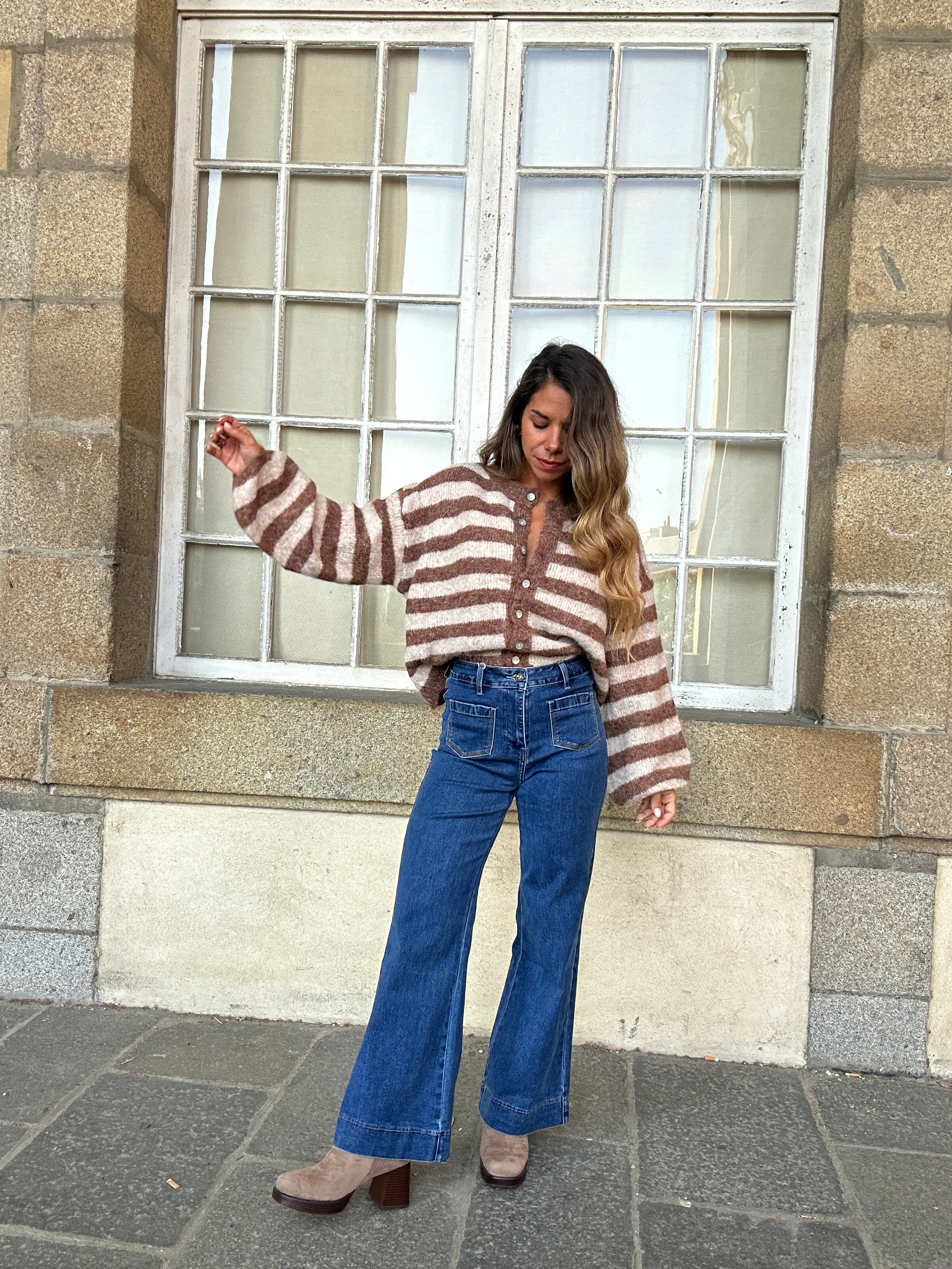 Véra Camel And Beige Striped Cardigan