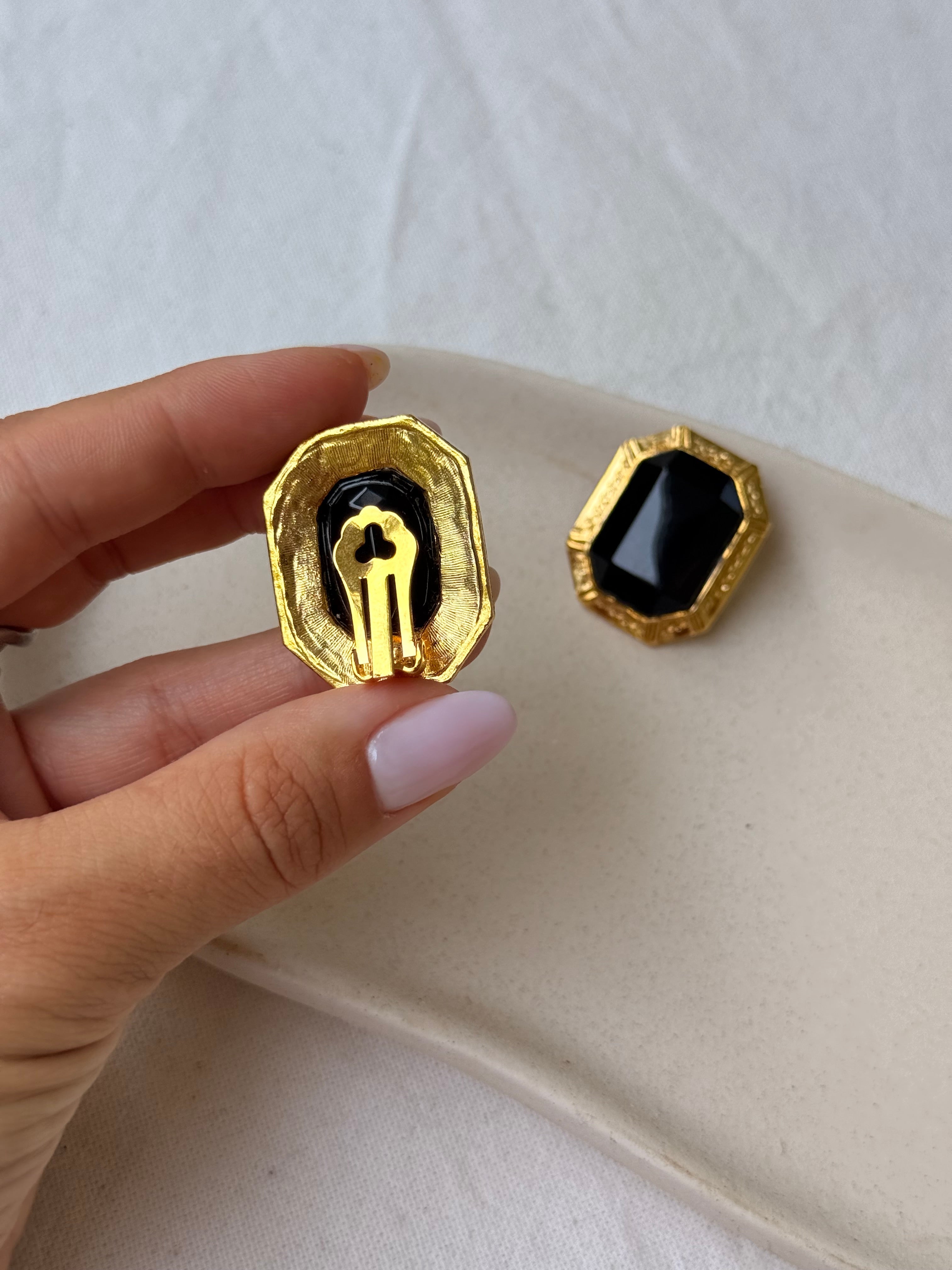 Boucles D’Oreilles Vintage - Strass Facetté Noir