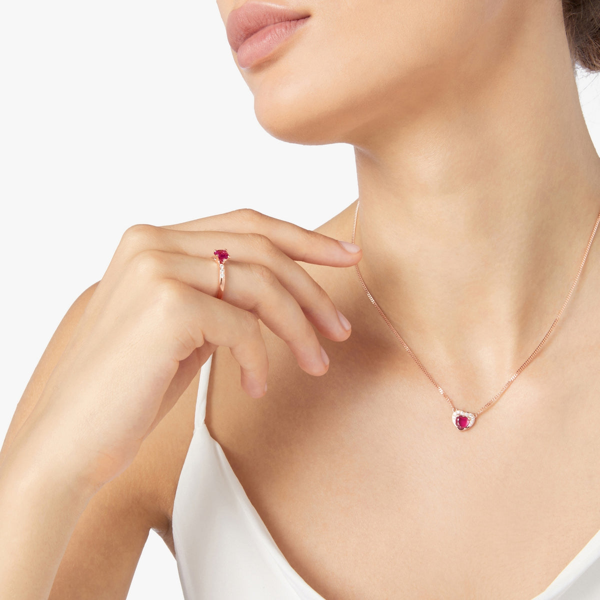 Bague Cœur - Or Rose 9K, Rubis synthétique & Diamants