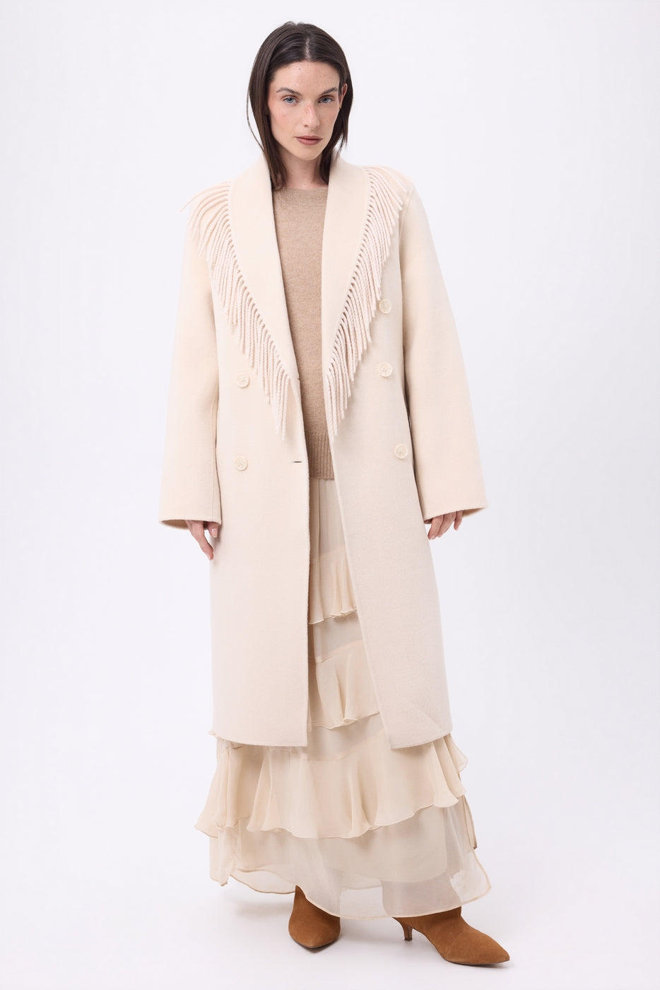 Abrigo con cuello de flecos Dakota - Beige - Mujer