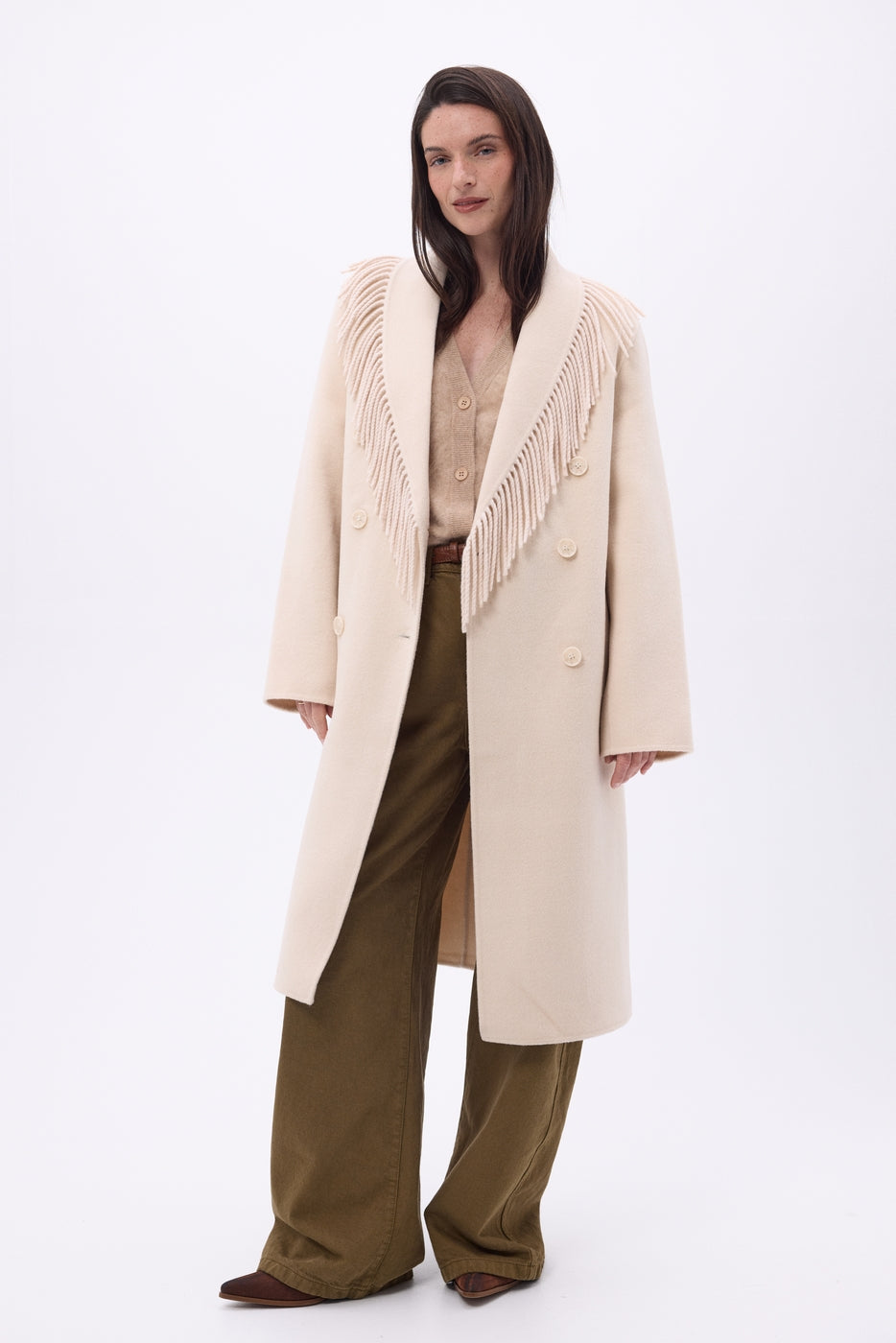 Abrigo con cuello de flecos Dakota - Beige - Mujer