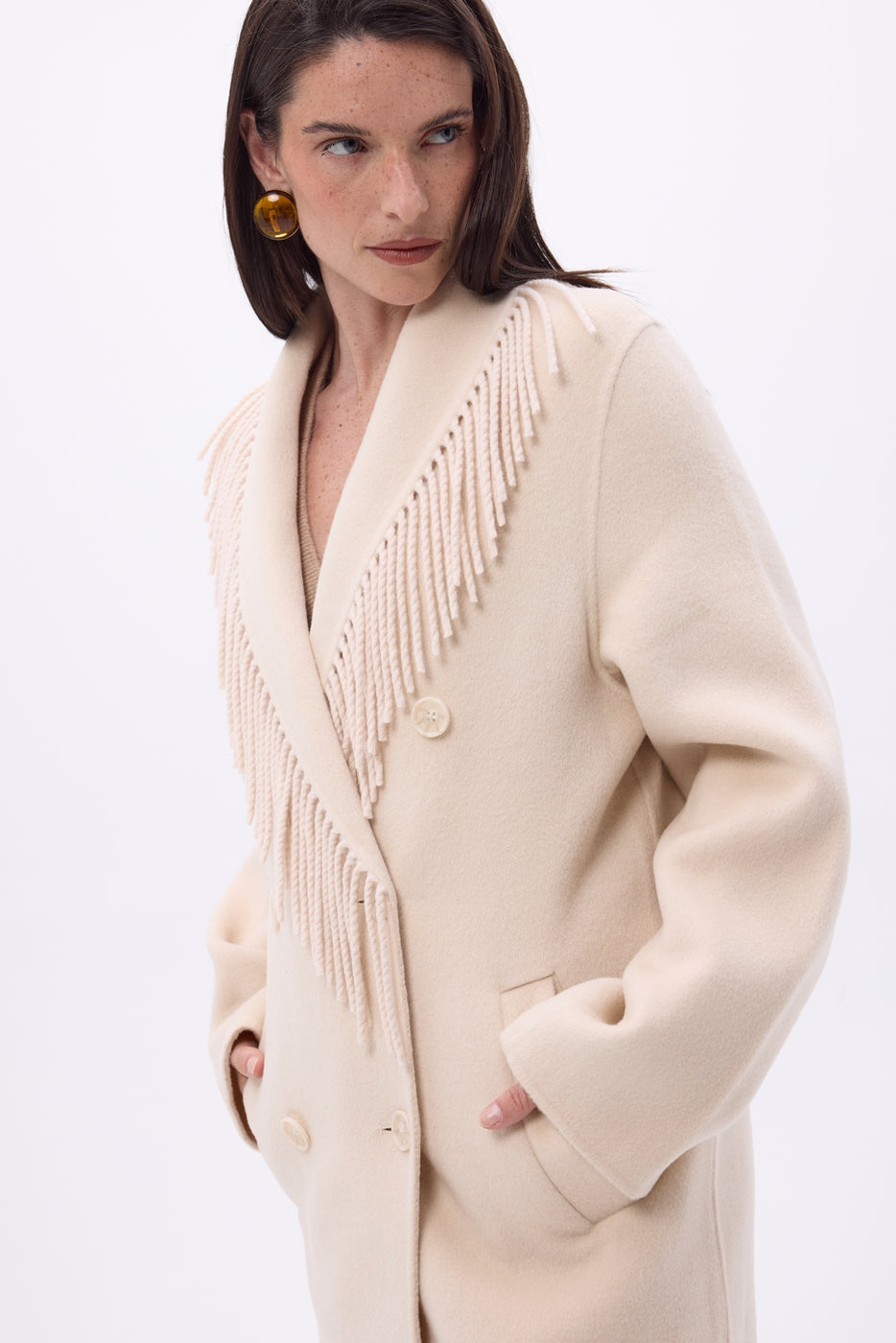Abrigo con cuello de flecos Dakota - Beige - Mujer