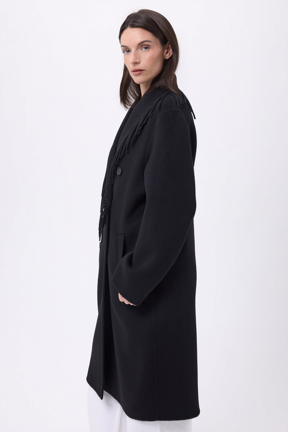 Dakota Fringed Collar Coat - Black - Women