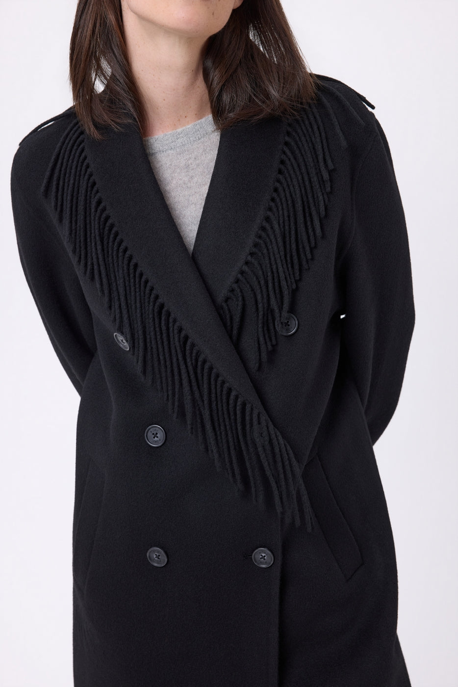 Dakota Fringed Collar Coat - Black - Women