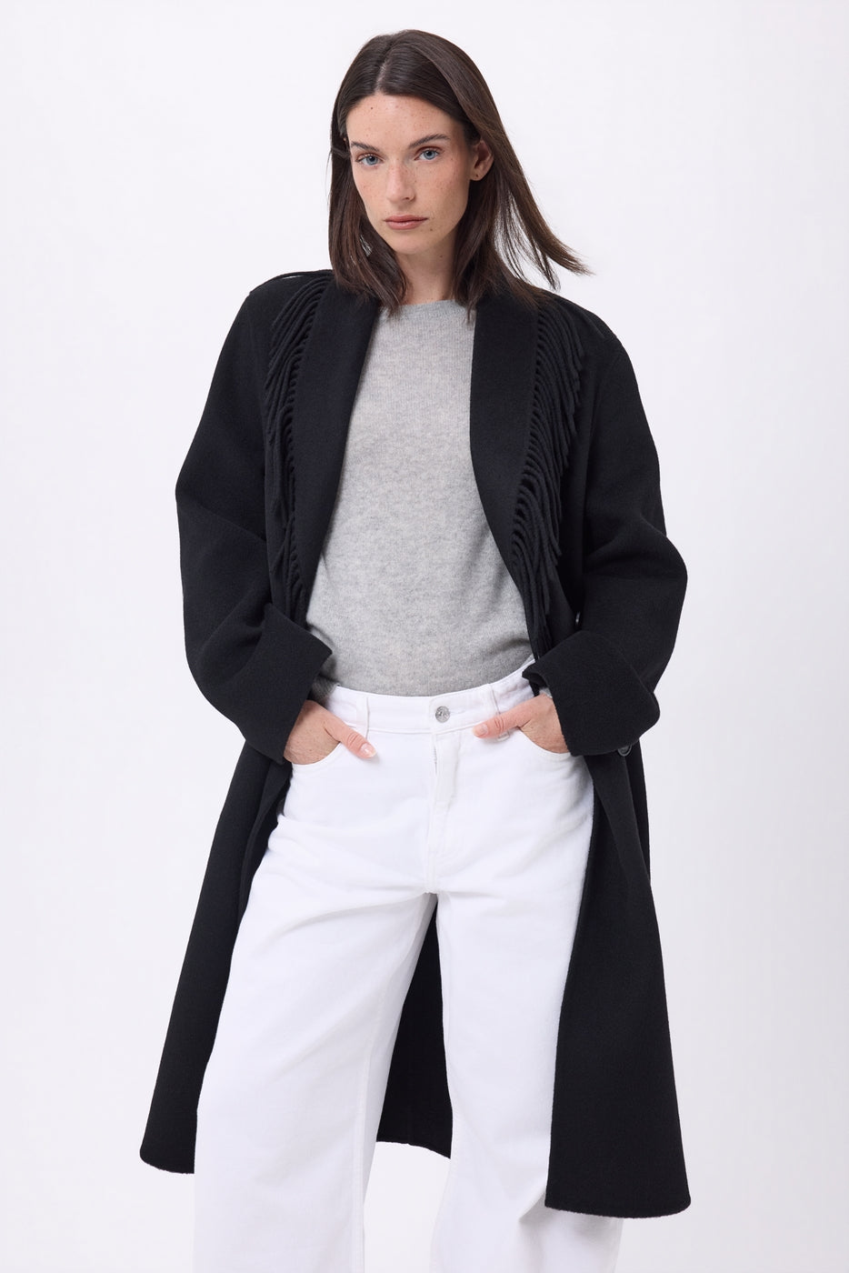 Dakota Fringed Collar Coat - Black - Women