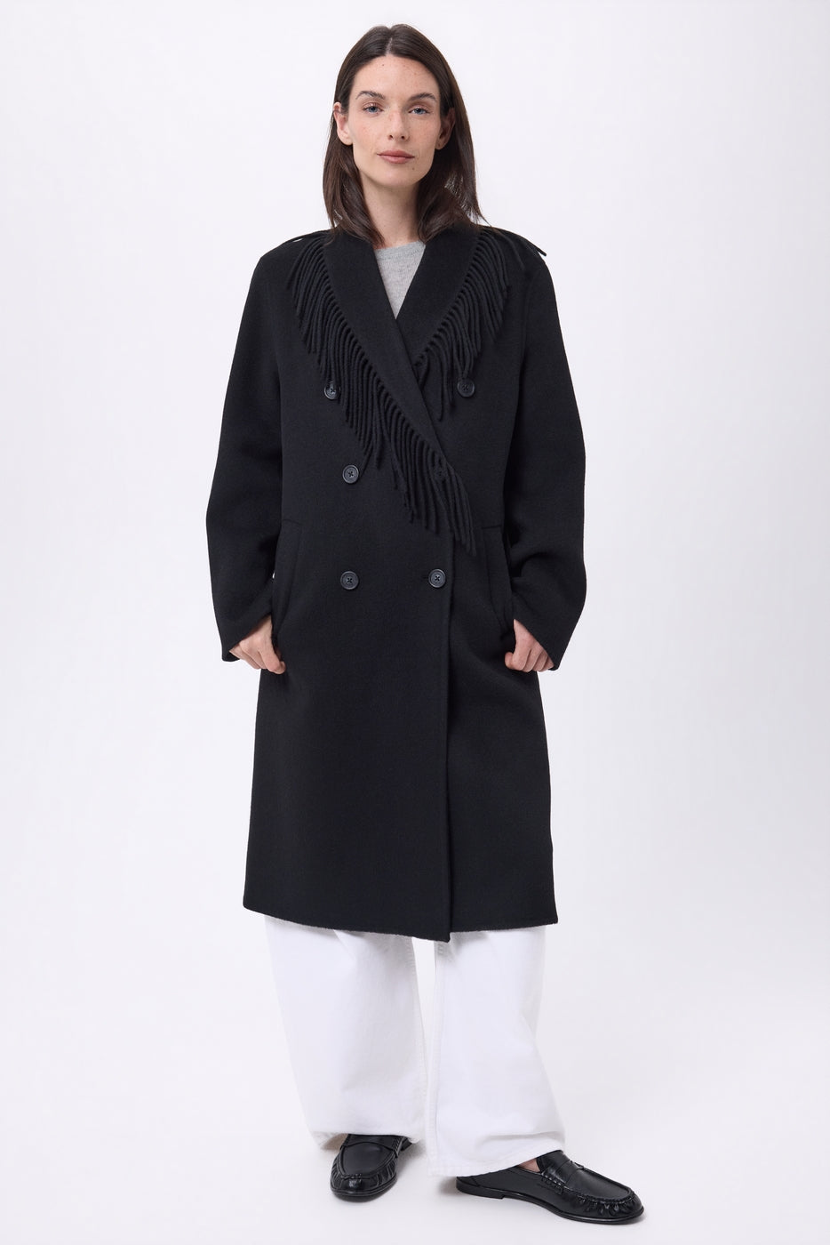 Dakota Fringed Collar Coat - Black - Women