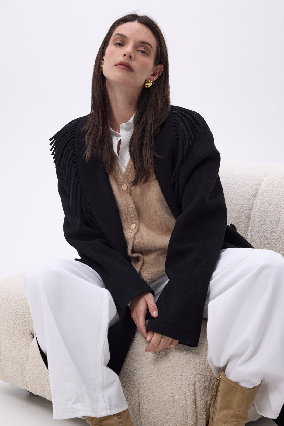 Dakota Fringed Collar Coat - Black - Women