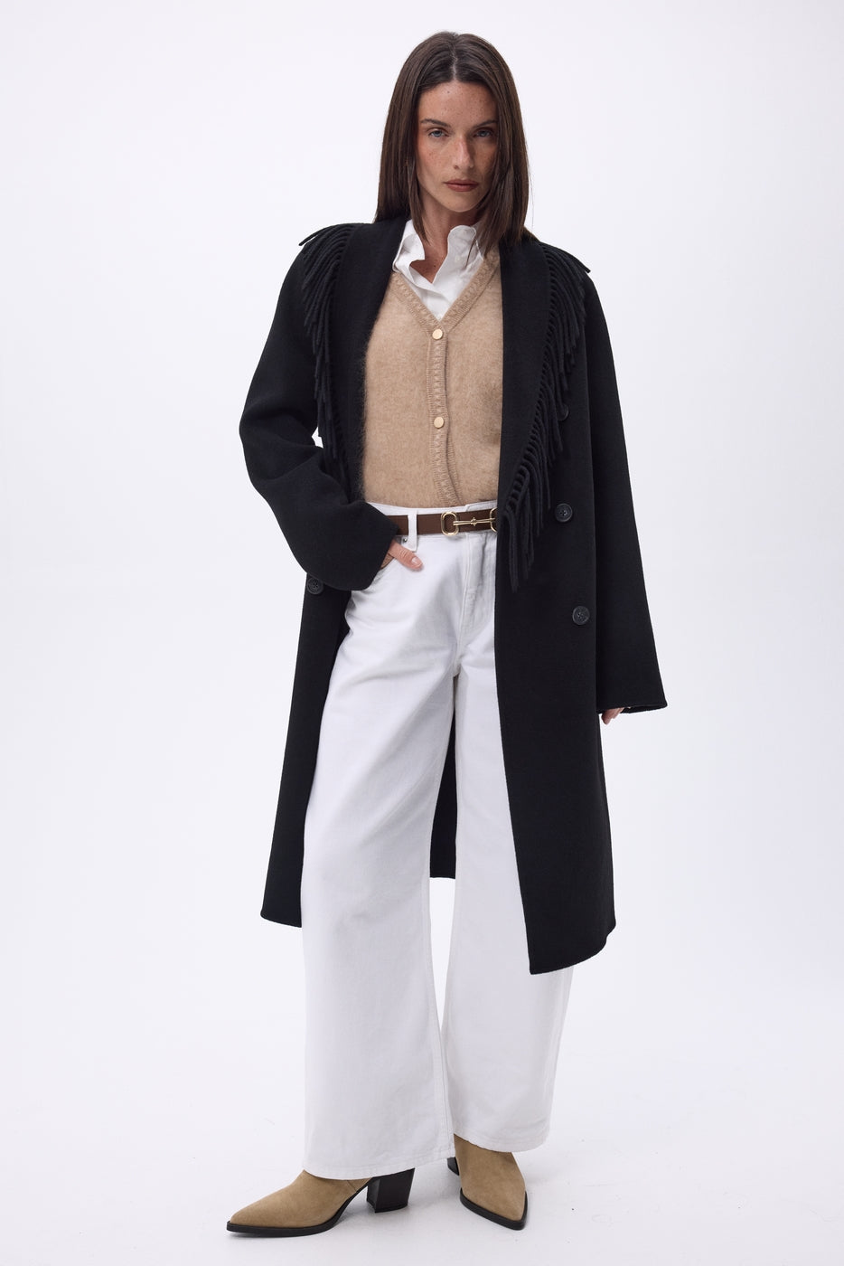 Dakota Fringed Collar Coat - Black - Women