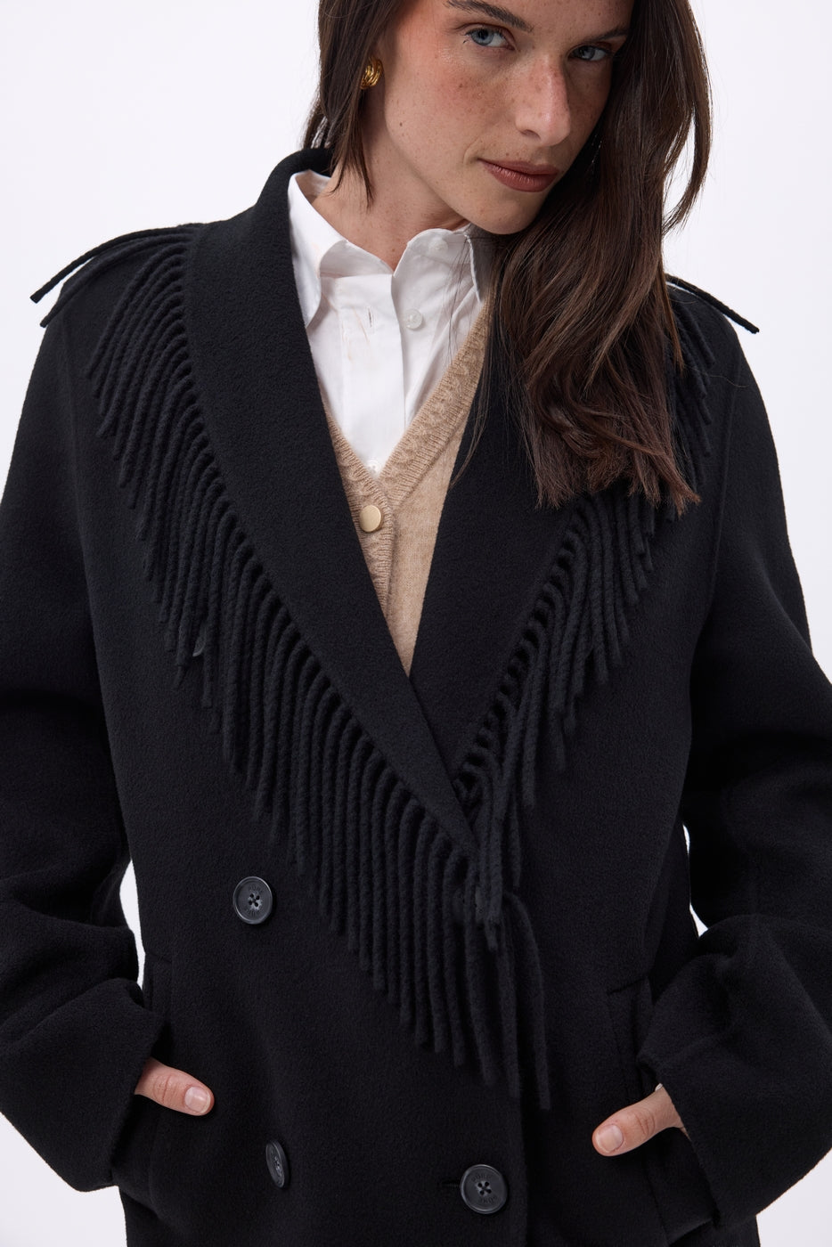 Dakota Fringed Collar Coat - Black - Women