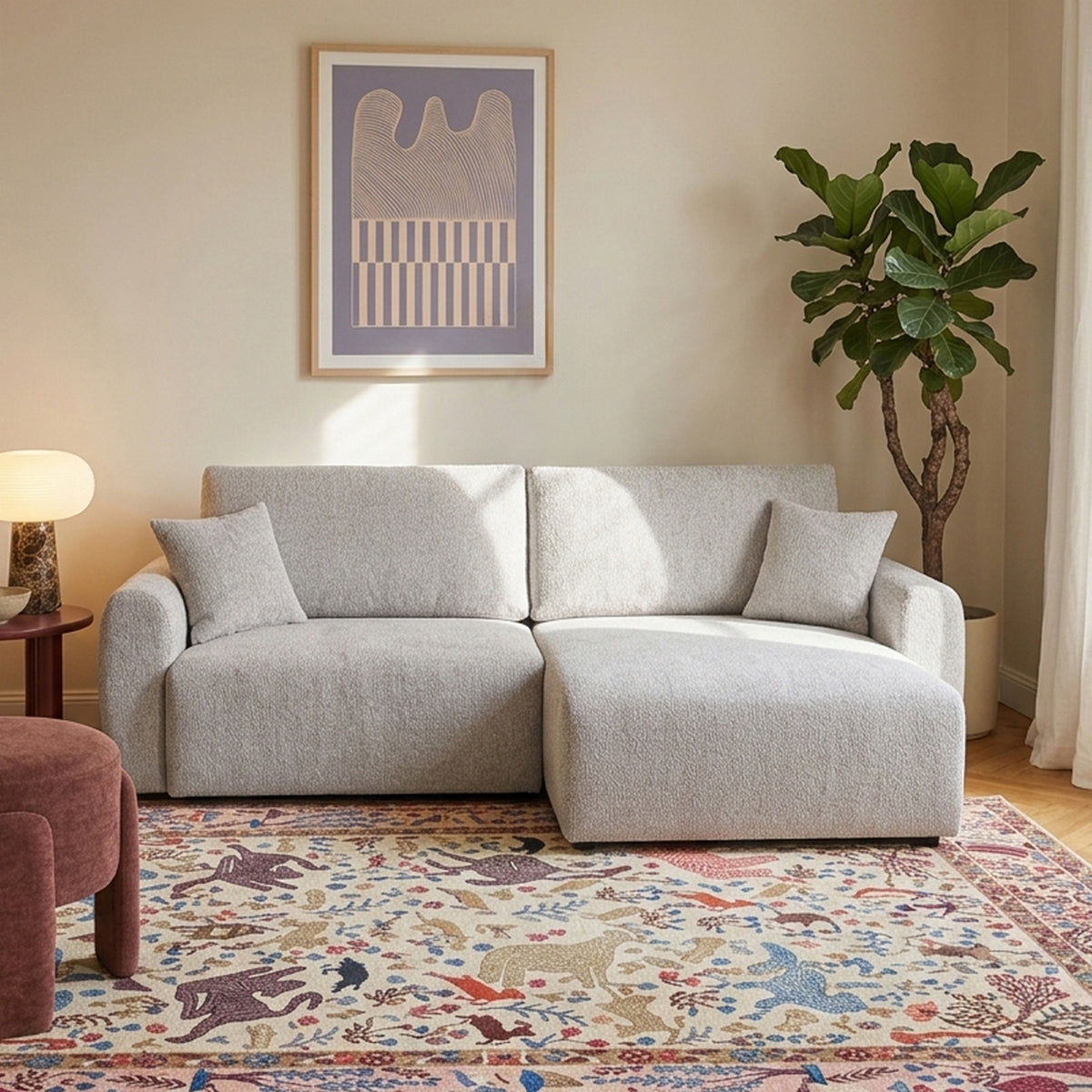 Dana - Divano angolare trasformabile e reversibile a 4 posti - Tessuto ciniglia - Beige