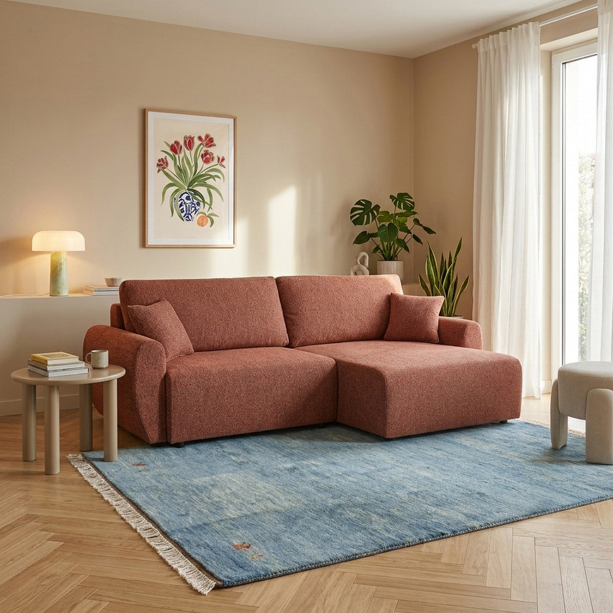 Dana - Divano angolare trasformabile e reversibile a 4 posti - Tessuto ciniglia - Terracotta