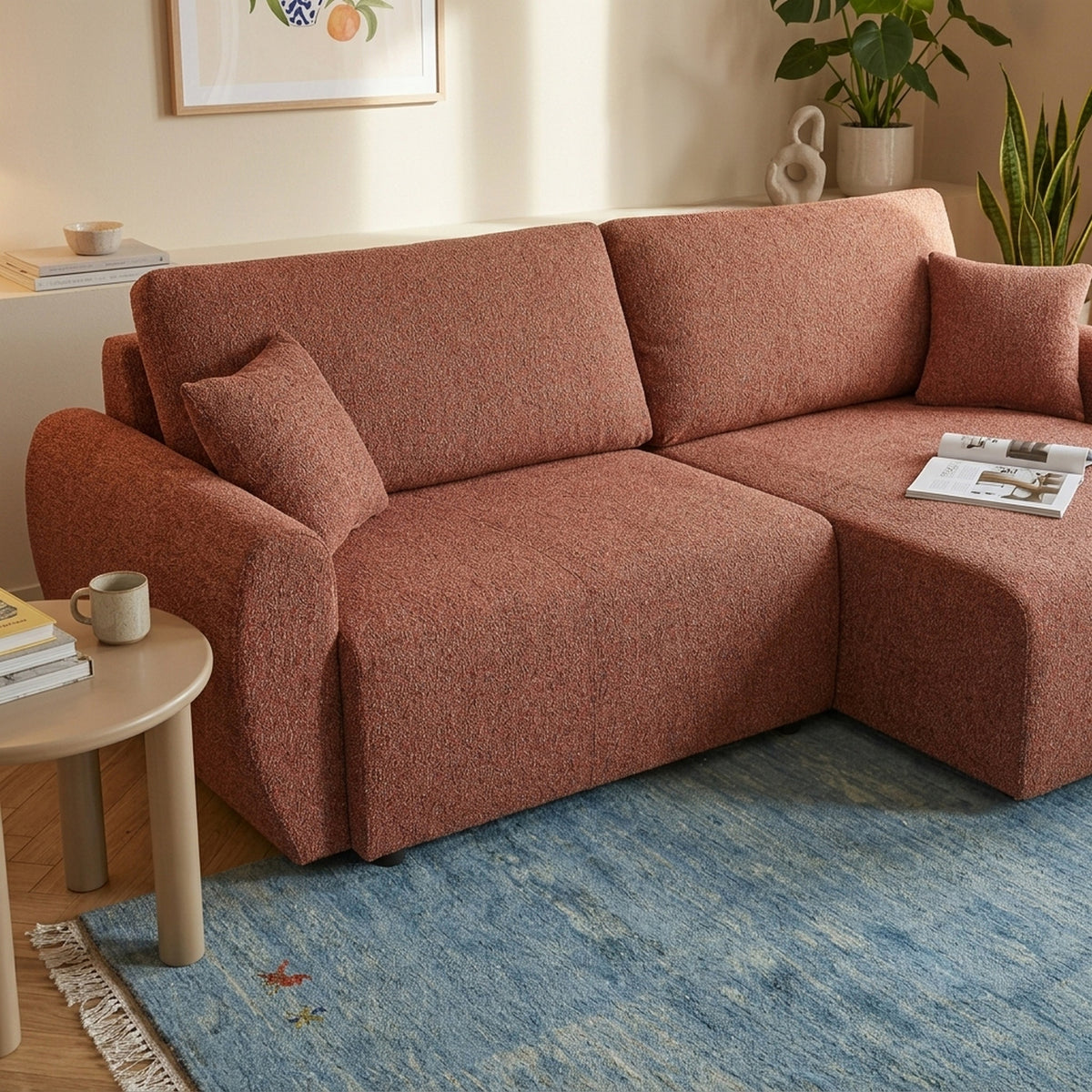 Dana - Divano angolare trasformabile e reversibile a 4 posti - Tessuto ciniglia - Terracotta