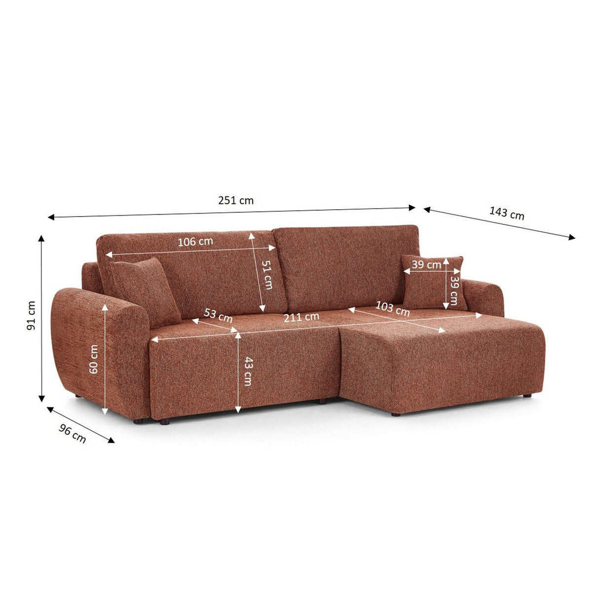 Dana - Divano angolare trasformabile e reversibile a 4 posti - Tessuto ciniglia - Terracotta