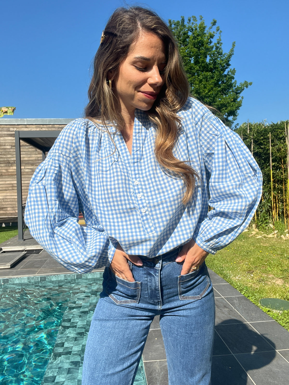 Blusa de cuadros vichy azul cielo Clothilde
