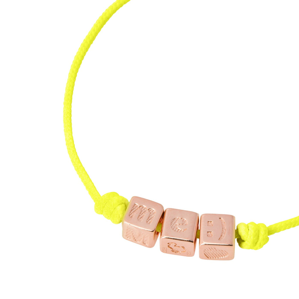 Bracelet Cube & Cordon jaune fluo - Argent plaqué Or Rose 18K