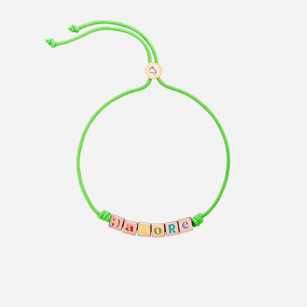 Bracelet Cube & Cordon vert fluo - Argent plaqué Or Rose 18K
