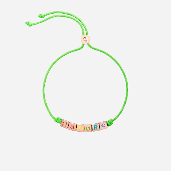 Bracelet Cube & Cordon vert fluo - Argent plaqué Or Rose 18K