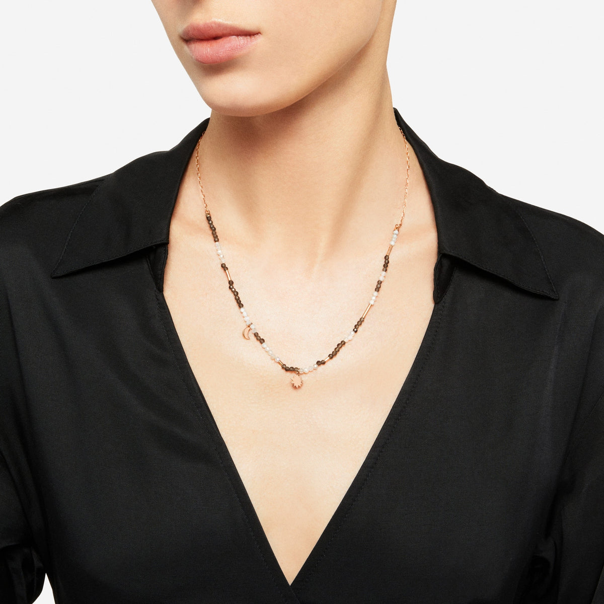 Collar Moon & Sun - Oro rosa de 9 quilates, cuarzo y adularia