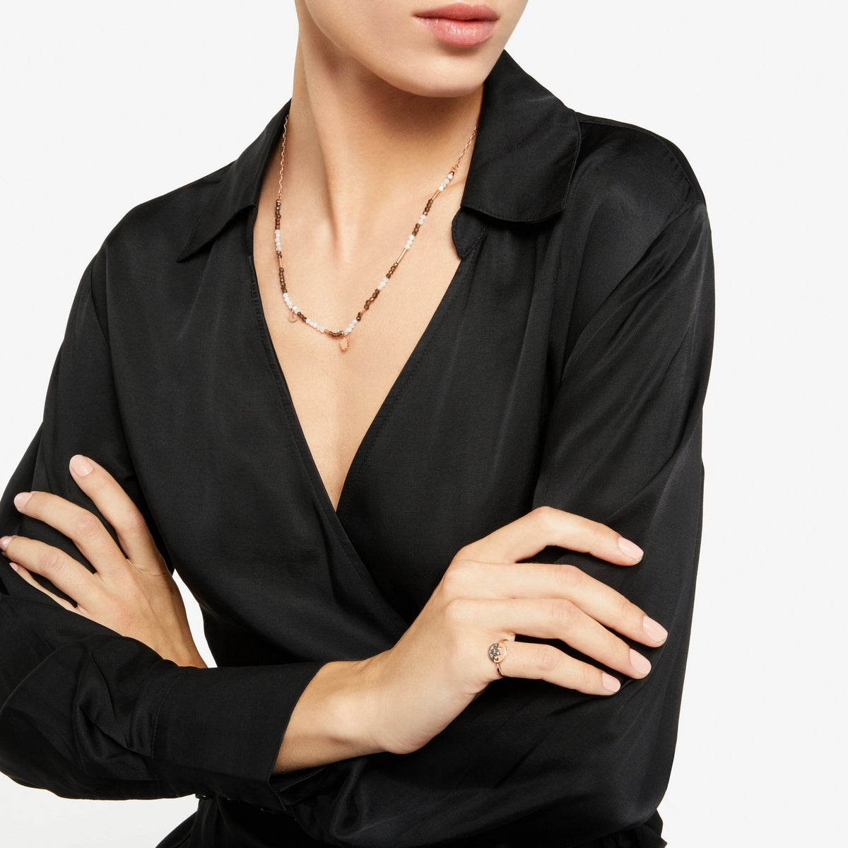 Collar Moon & Sun - Oro rosa de 9 quilates, cuarzo y adularia