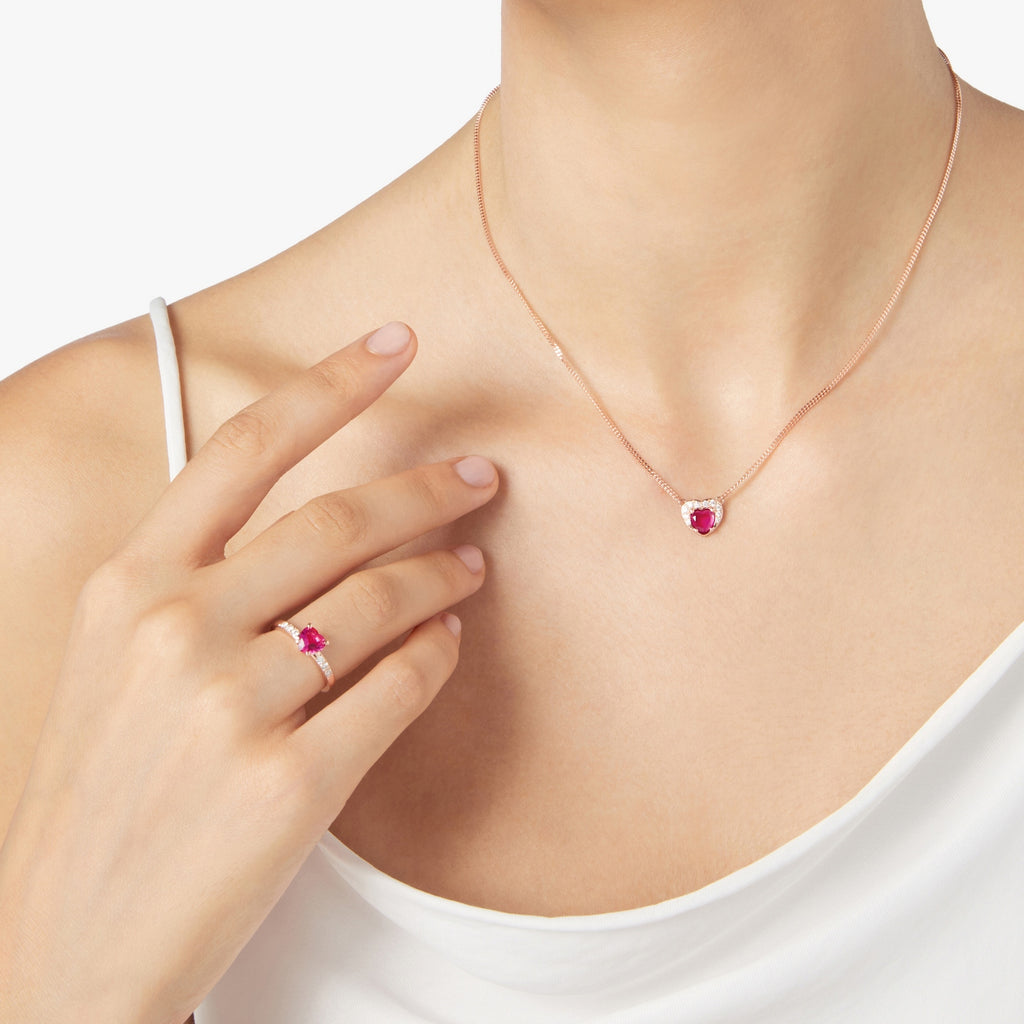 Ketting Hart - 9K roségoud, synthetische robijn & diamanten