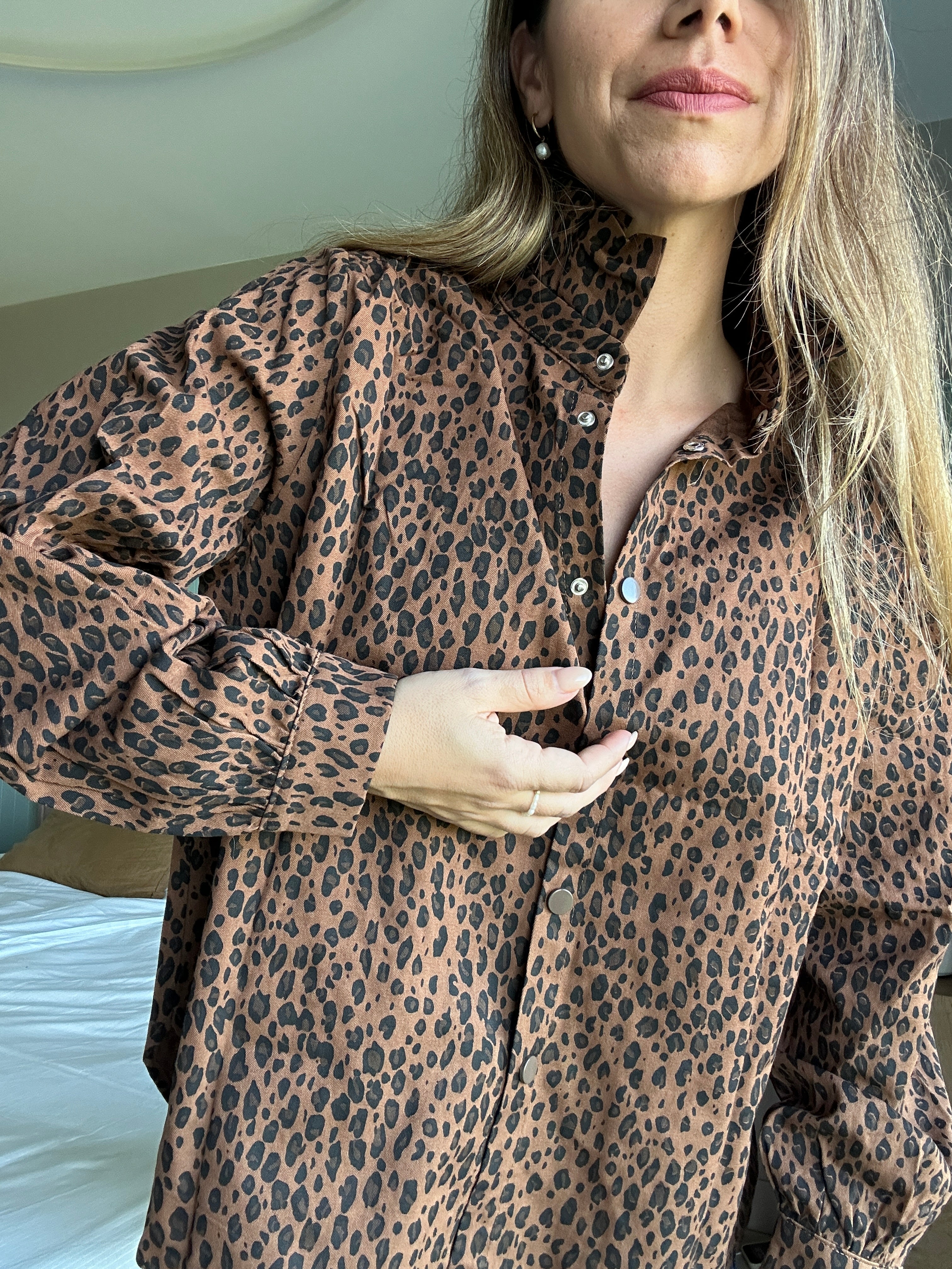 Veste En Jean Céleste Léopard Marron
