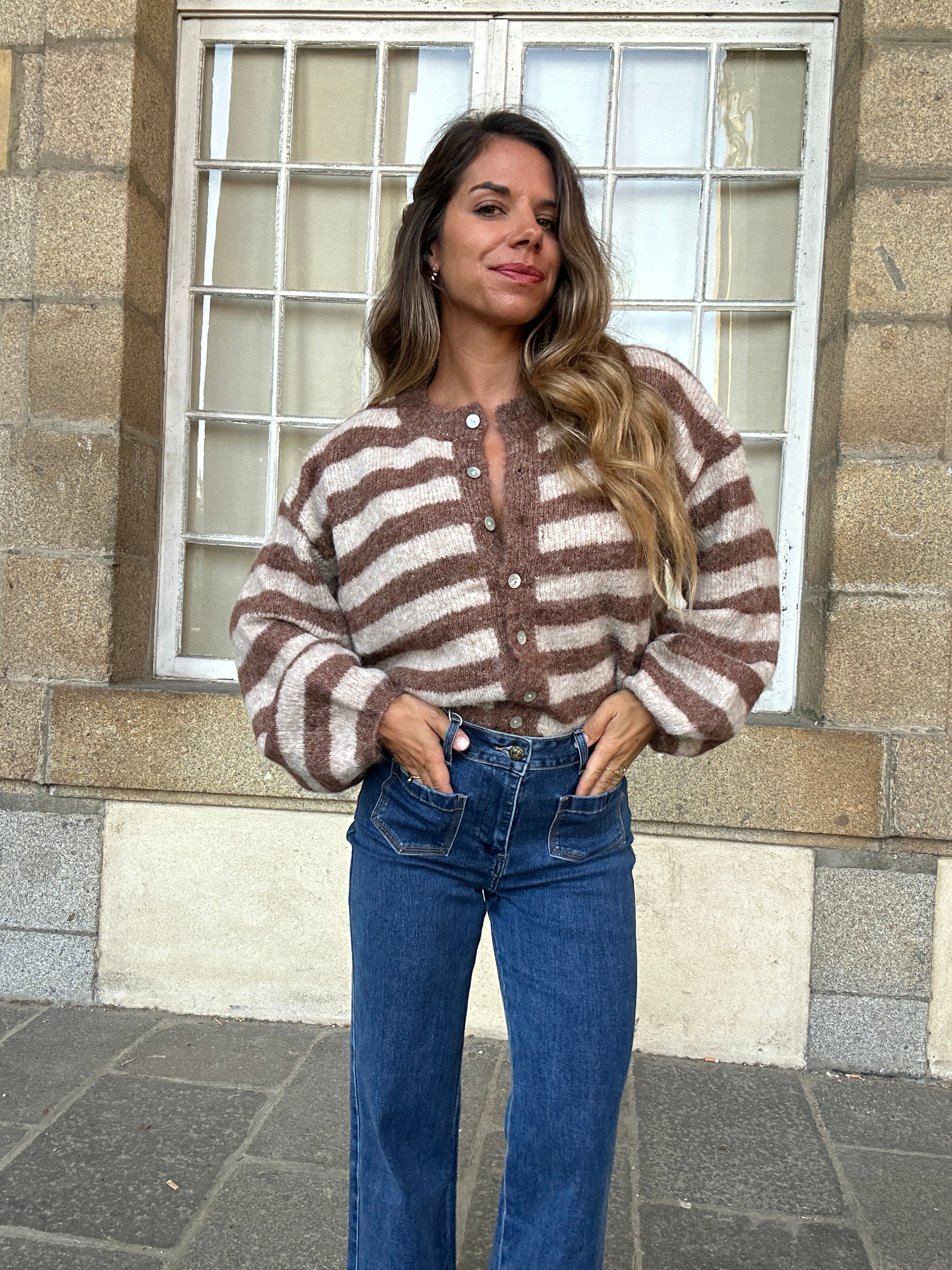 Véra Camel And Beige Striped Cardigan