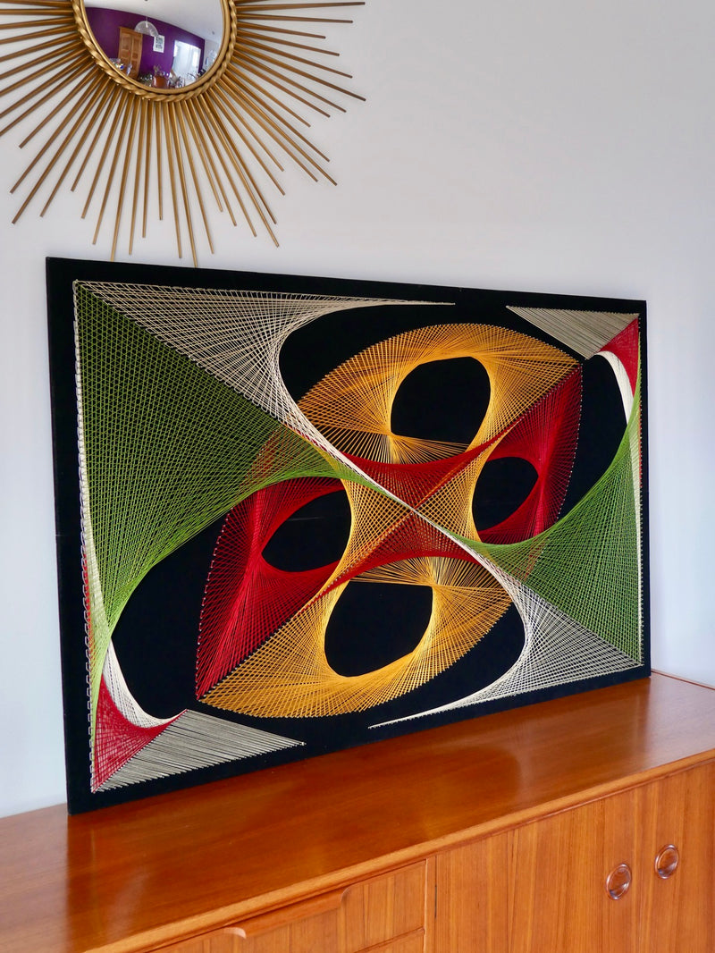 Grand Tableau Design Psychédélique Point Et Fil Multicolore - Années 1970